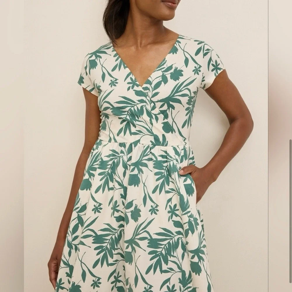 Pact NWOT Organic Cotton Fit & Flare Crossover Tropical Palm Summer Dress Small - Picture 3 of 16